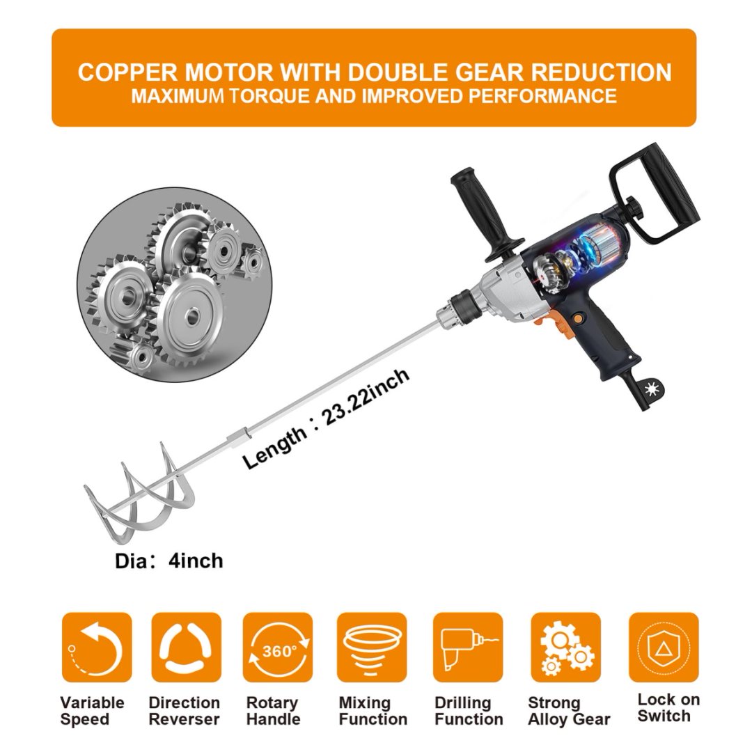 9A Corded Drill Mixer with Spade Handle – 1050W Variable-Speed Concrete & Mud Mixing Tool