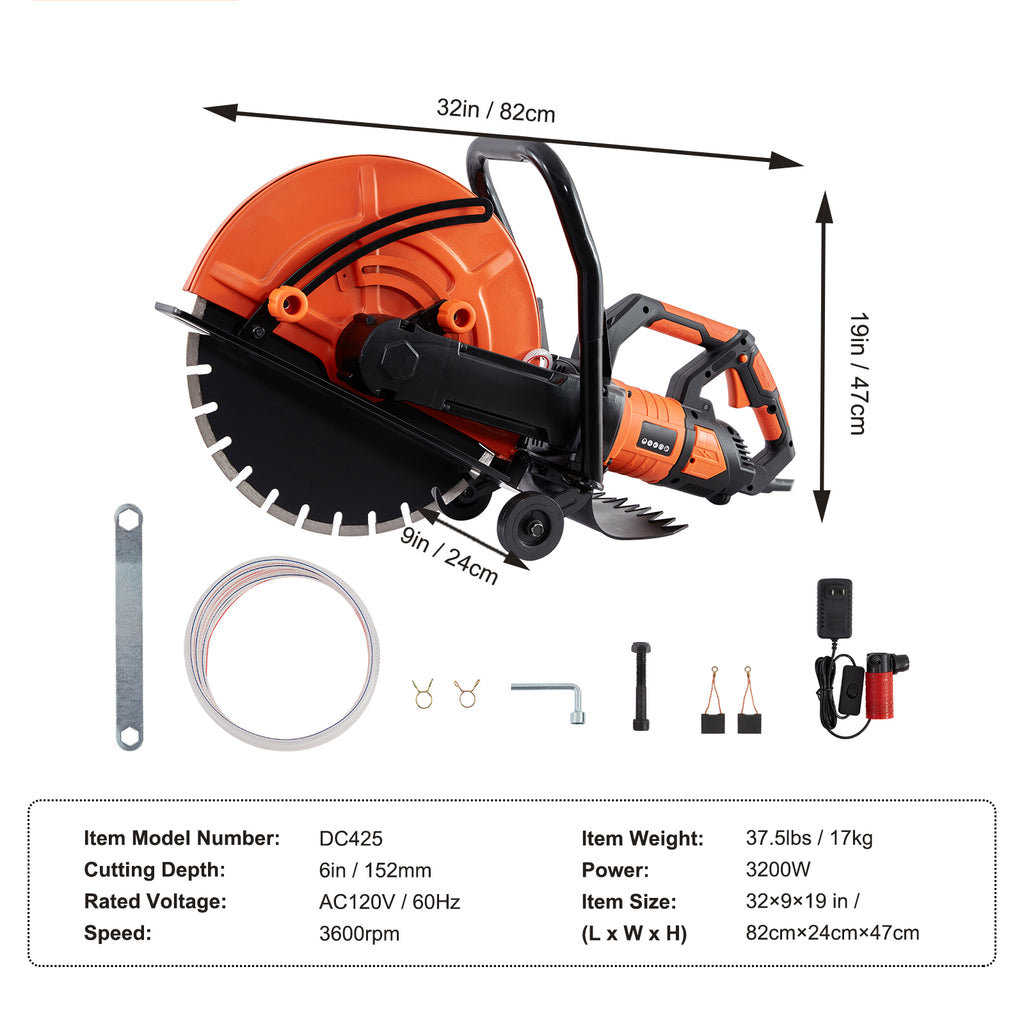 VEVOR 16" Electric Concrete Saw – 3200W Wet Cutting Circular Saw with Adjustable Depth