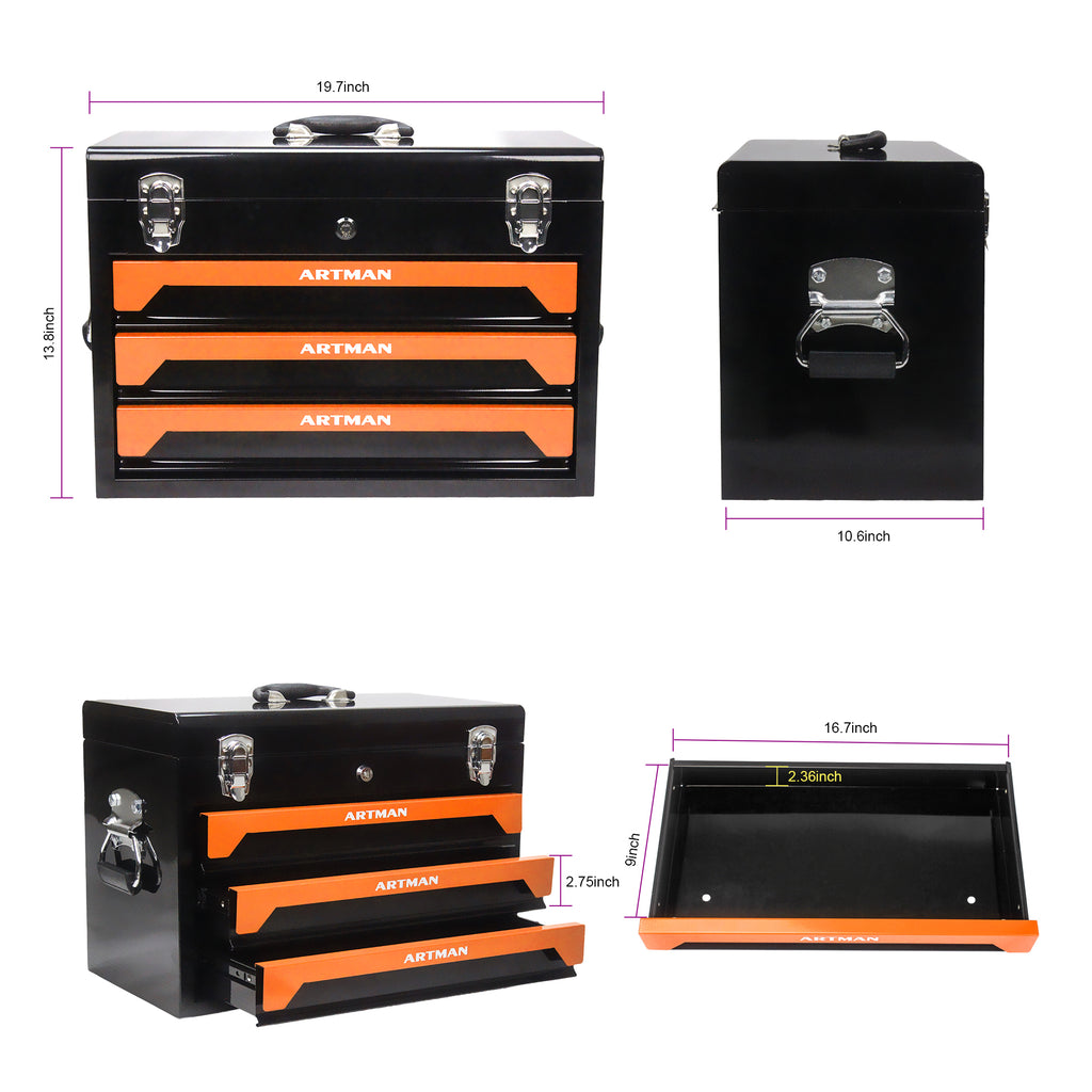 Heavy-Duty 3-Drawer Tool Box with Complete Tool Set